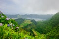 Azores panoramic view of natural landscape, wonderful scenic island of Portugal. Beautiful lagoons in volcanic craters and green f