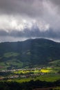 Azores panoramic view of natural landscape, wonderful scenic island of Portugal. Beautiful lagoons in volcanic craters and green