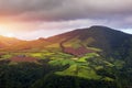 Azores panoramic view of natural landscape, wonderful scenic island of Portugal. Beautiful lagoons in volcanic craters and green