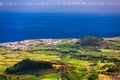 Azores panoramic view of natural landscape, wonderful scenic island of Portugal. Beautiful lagoons in volcanic craters and green