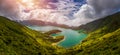 Azores panoramic view of natural landscape, wonderful scenic island of Portugal. Beautiful lagoons in volcanic craters and green