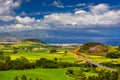 Azores panoramic view of natural landscape, wonderful scenic island of Portugal. Beautiful lagoons in volcanic craters and green