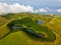 Azores, the safest European holiday destinations for post-pandemic travel. Drone aerial view of volcanic landscape. Sao Miguel isl