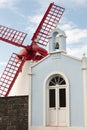 Azores traditional chapel, imperio, and windmill in Sao Miguel.
