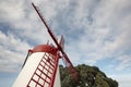 Azores traditional red and white windmill in Sao Miguel. Portugal