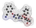Azoxystrobin fungicide molecule. 3D rendering. Atoms are represented as spheres with conventional color coding: hydrogen white,.