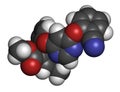 Azoxystrobin fungicide molecule. 3D rendering. Atoms are represented as spheres with conventional color coding: hydrogen white,.
