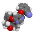 Azoxystrobin fungicide molecule. 3D rendering. Atoms are represented as spheres with conventional color coding: hydrogen (white),