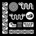 Aztec animals, Mayan snake, ancient Mexican design set in white on black background