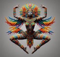 Aztec maya dancer costume illustration, symmetrical and colorful , arms up with headgear