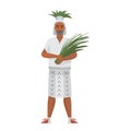 Aztec peasant standing, man holding bunch of grass in hands