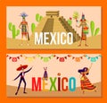 Aztec people and mexico culture set, vector illustration, tribal warrior character stand near pyramid, man in sombrero