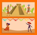 Aztec people and mexico culture set, vector illustration, tribal warrior character stand near pyramid, man in sombrero