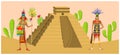 Aztec people and mexico culture vector illustration, tribal warrior character stand near pyramid, man in sombrero, woman