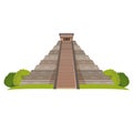 Aztec pyramid with green bushes at base on white. Realistic vector