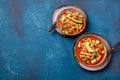 Aztec soup. Mexican sopa azteca with fried tortilla . Top view