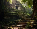 The Aztec temple ruins are in the jungle.