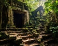 The Aztec temple ruins are in the jungle.