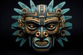 Aztec traditional, ceremonial mask on black background. Warrior mask. Tribal totem. Aztec-inspired mask showcasing