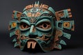 Aztec traditional, ceremonial mask on dark background. Warrior mask. Tribal totem. Aztec-inspired mask showcasing Royalty Free Stock Photo