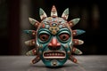 Aztec traditional, ceremonial mask on dark background. Warrior mask. Tribal totem. Aztec-inspired mask showcasing