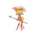 Aztec warrior man character in traditional clothes and headdress with spear vector Illustration on a white background Royalty Free Stock Photo