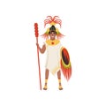 Aztec warrior man character in traditional clothes and headdress standing with shield and spear vector Illustration on a