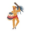 Aztec warrior, man with tribal feathers on head, ritual shield and wooden weapon