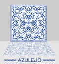 Azulejo original portuguese ceramic tile with mirror image on light gray background.