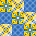 Azulejo tile spanish style, TalaVera de Puebla ceramic tile blue yellow white color, beautiful ornate pattern for wall decoration