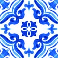 Azulejos - Portuguese tile blue watercolor pattern. Traditional ornament.