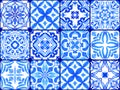 Azulejos - Portuguese tiles blue watercolor pattern. Variety tiles collection.