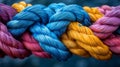 Azure, Aqua, Electric blue, Magenta ropes in a woolen fiber knot closeup