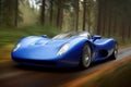 An azure blue car coursing around the track with a finesse that seems almost effortless. Speed drive concept. AI