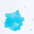 Azure blue paint splatter. Paint splash on white background. Watercolor texture, effect template Royalty Free Stock Photo