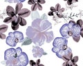 Azure Botanical Textile. Navy Orchid Wallpaper. Gray Hibiscus Set. Flower Foliage. Watercolor Textile. Seamless Print. Pattern Ill