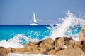 Azure coast of Calabria with sailboats on open sea in Vibo Valentia, Calabria, Southern Italy