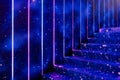 Azure cosmic space and star pattern design on carpet stairs step with colorful neon illuminated decoration for festive with