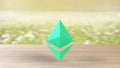 Azure Ethereum gold sign icon on blur field of flowers. 3d render isolated illustration, cryptocurrency, crypto, business,