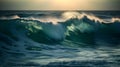 Azure harmony, tranquil ocean waves, heavenly clouds, and delicate foam