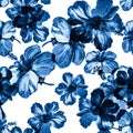 Azure Hibiscus Garden. Cobalt Seamless Painting. Indigo Flower Backdrop. Navy Watercolor Palm. Blue Pattern Decor. Navy Tropical T