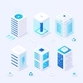 Azure isometric servers with electric blue accents on a white background Royalty Free Stock Photo