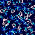 Azure Seamless Painting. Indigo Pattern Background. Cobalt Tropical Painting. Blue Spring Art. Navy Decoration Palm.