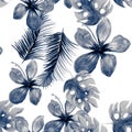 Azure Seamless Textile. Cobalt Pattern Background. Indigo Tropical Texture. Blue Wallpaper Hibiscus. Monstera Leaves.