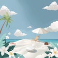 Azure sky, white clouds, aqua water, palm tree, umbrella, chair on the beach Royalty Free Stock Photo