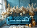 Azure studio couch, vases, and flowers in Aqua living room