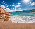 Azure summer seascape of Aegean Sea. Beautiful marine landscape of Cuba Beach, Olimpiada village location, Greeace, Europe. Beauty Royalty Free Stock Photo