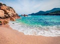 Azure summer seascape of Aegean Sea. Beautiful marine landscape of Cuba Beach, Olimpiada village location, Greece, Europe. Beauty Royalty Free Stock Photo