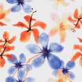 Azure Tropical Foliage. White Seamless Leaves. Gray Pattern Hibiscus. Red Flower Plant. Blue Spring Background. Flora Painting.