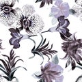 Azure Tropical Leaf. Indigo Exotic Garden. Gray Hibiscus Painting. Seamless Painting. Pattern Background. Watercolor Jungle. Summe